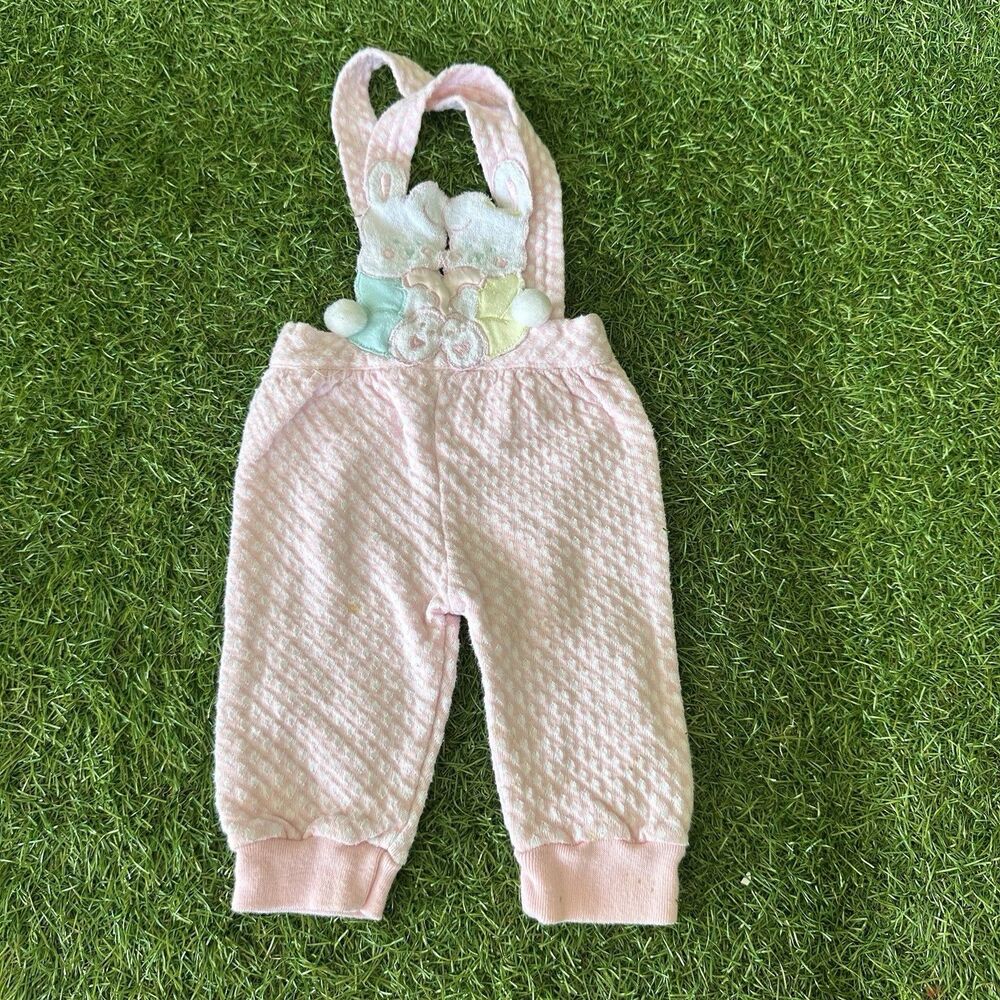 Vtg‎ 80s Quilted Overalls Jumper Infant Girls 6-9 Months Pink Bunnies Terrycloth